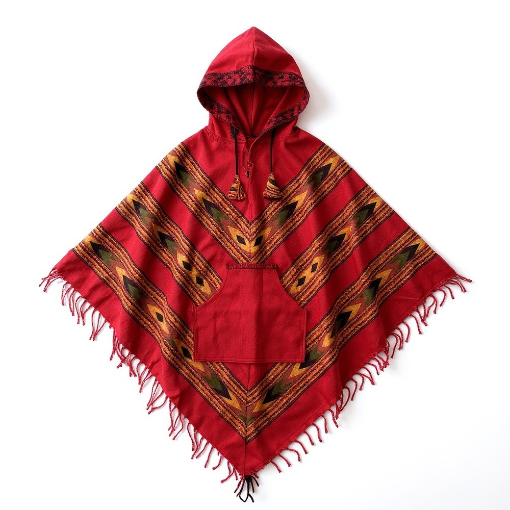 Boho Tribal Hooded Poncho – Vibrant Red – Handmade in India